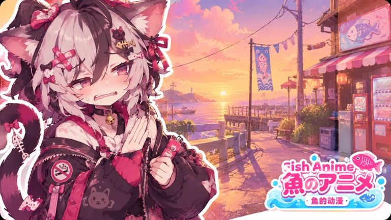 Catgirl anime character standing at a sunset fishing dock with fish banners and Fish Anime branding